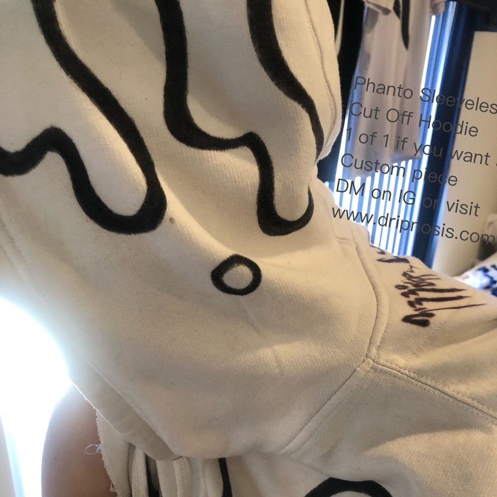 Drippy White Black Sleeveless Hoodie Hand made in Los Angeles 1 of 1 Dripnosis